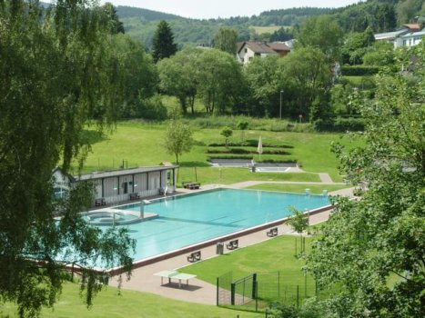 Ansicht Schwimmbad mit Schwimmbecken und Liegewiese